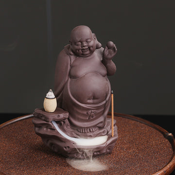 zensoullab New Purple Clay High Mountain Water Flow Backflow Waterfall Incense Burner Creative Maitreya Buddha Sandalwood Backflow Incense Burner Ornament