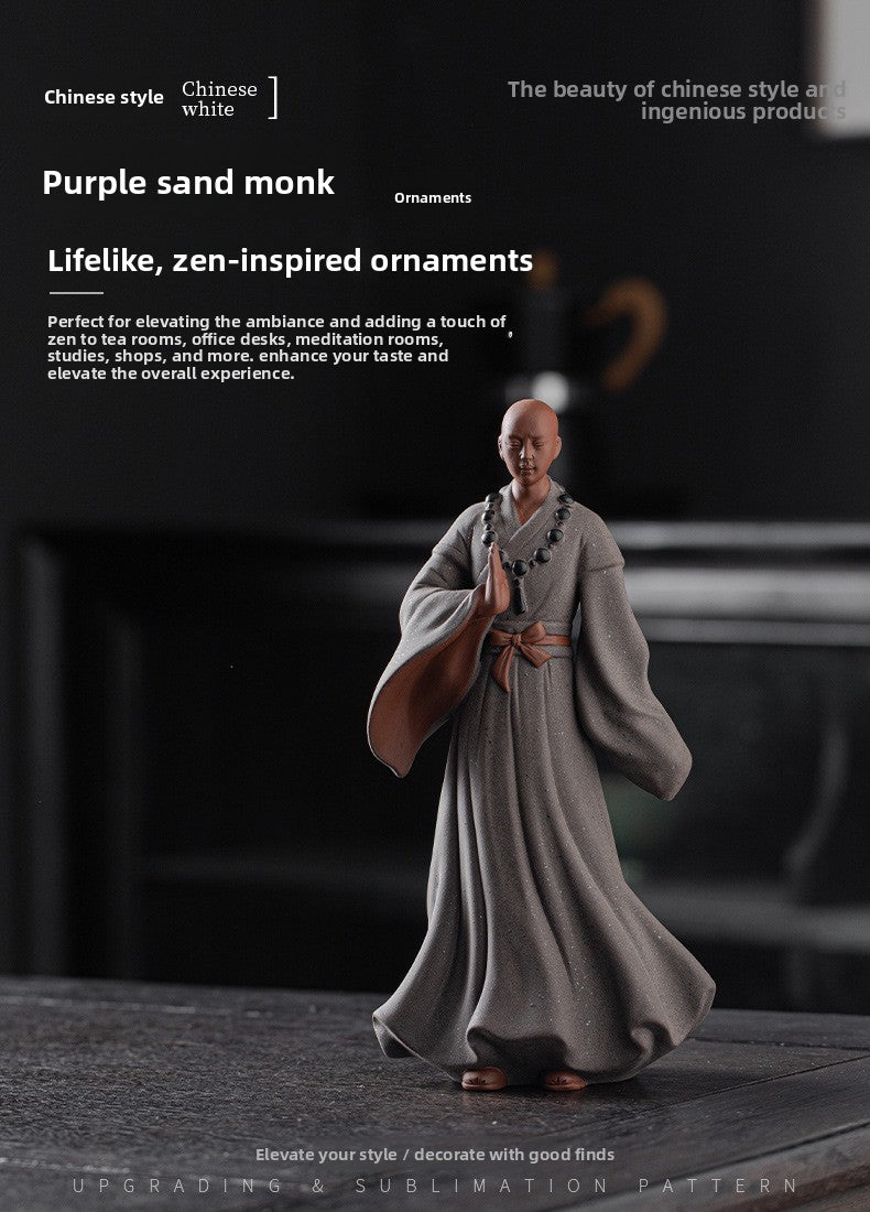 zensoullab Creative New Chinese Style Large Purple Clay Little Monk Figurine Tea Room Living Room Entrance Zen Little Monk Ceramic Character Decoration