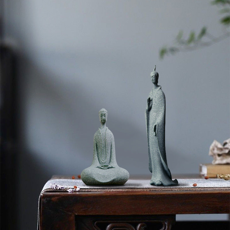 zensoullab Green Sandstone Northern Wei Dynasty Three Saints Buddha Statue Zen Carving Craftwork Tathagata Buddha Shakyamuni Desktop Tea Ceremony Ornament