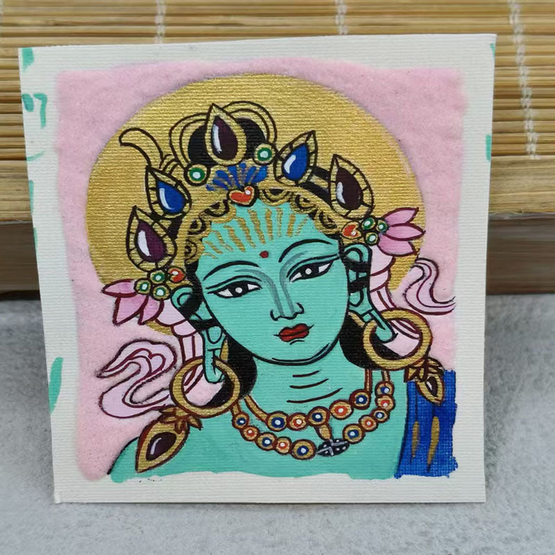 zensoullab Thangka Hand-painted Small Thangka Samantabhadra Green Tara Yellow Wealth God Manjushri Four-armed Guanyin Tibetan Small Thangka Pendant