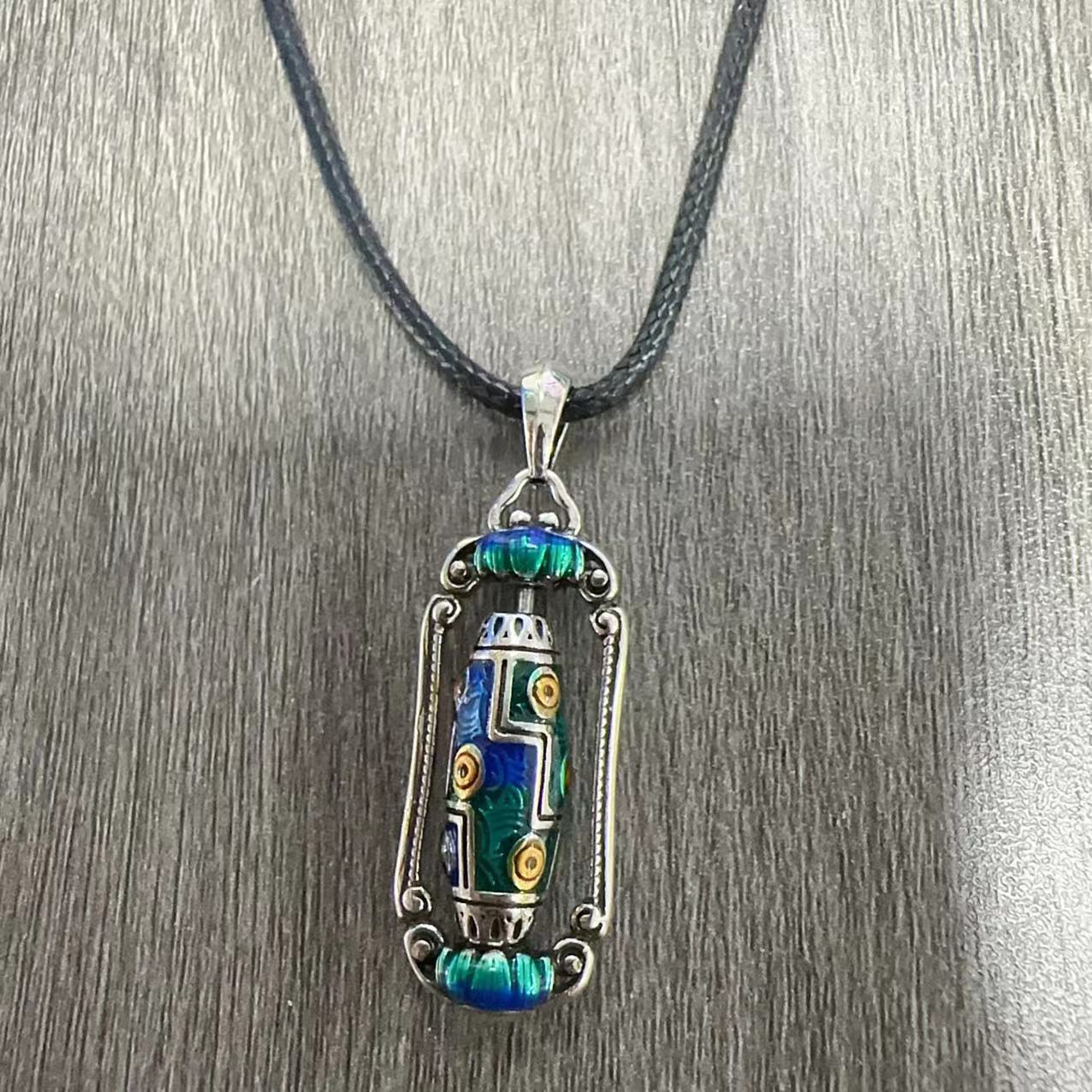 zensoullab Vintage Ethnic Landscape Thai Blue Enamel Nine-Eyed Dzi Bead Lotus Prayer Wheel Necklace for Women Exquisite Versatile Creative Jewelry