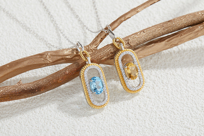 zensoullab French Retro S925 Sterling Silver Inlaid Natural Gemstone Yellow Crystal Topaz Pendant Necklace for Women Hot-Selling Jewelry