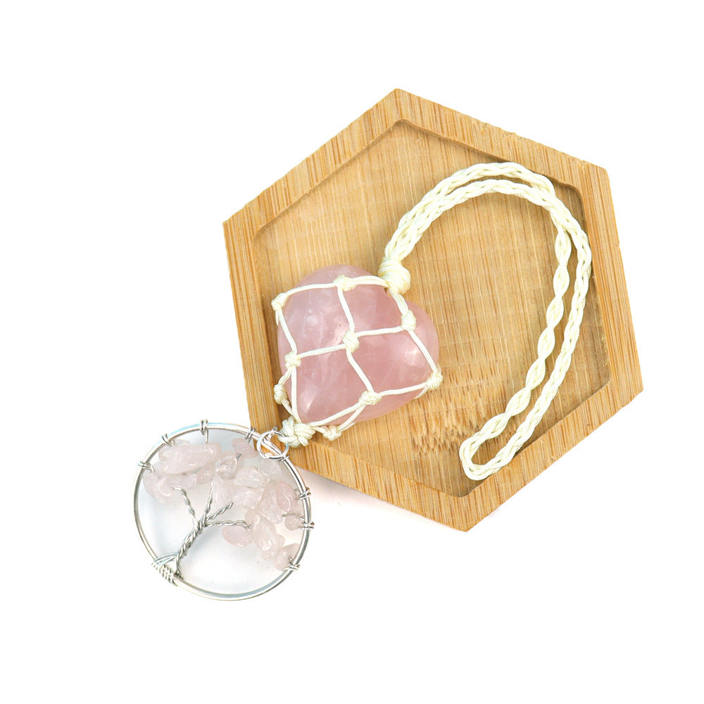 zensoullab Natural Crystal Heart-shaped Woven Net Bag Tree of Life Pendant Car Hanging Bag Accessories