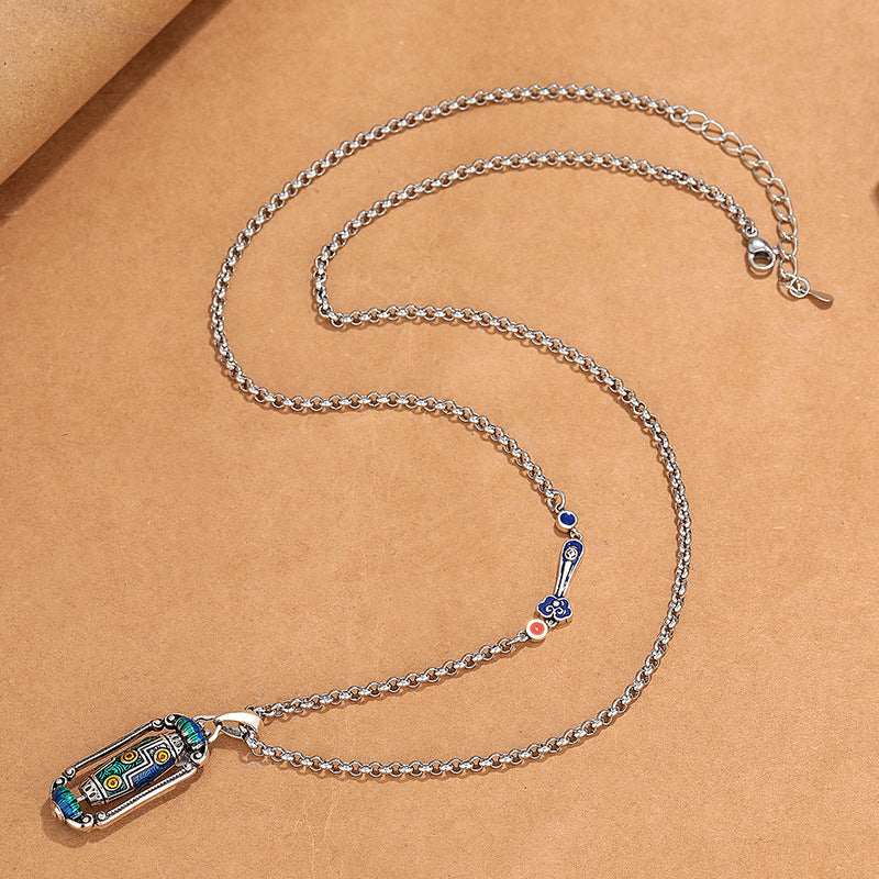 zensoullab Vintage Ethnic Landscape Thai Blue Enamel Nine-Eyed Dzi Bead Lotus Prayer Wheel Necklace for Women Exquisite Versatile Creative Jewelry