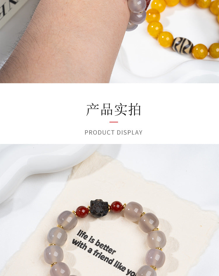 zensoullab Natural Three-Eyed Dzi Bead Agate Bracelet Fashion Versatile Unisex Couple Style Tiger Tooth Single Circle Bracelet In Stock