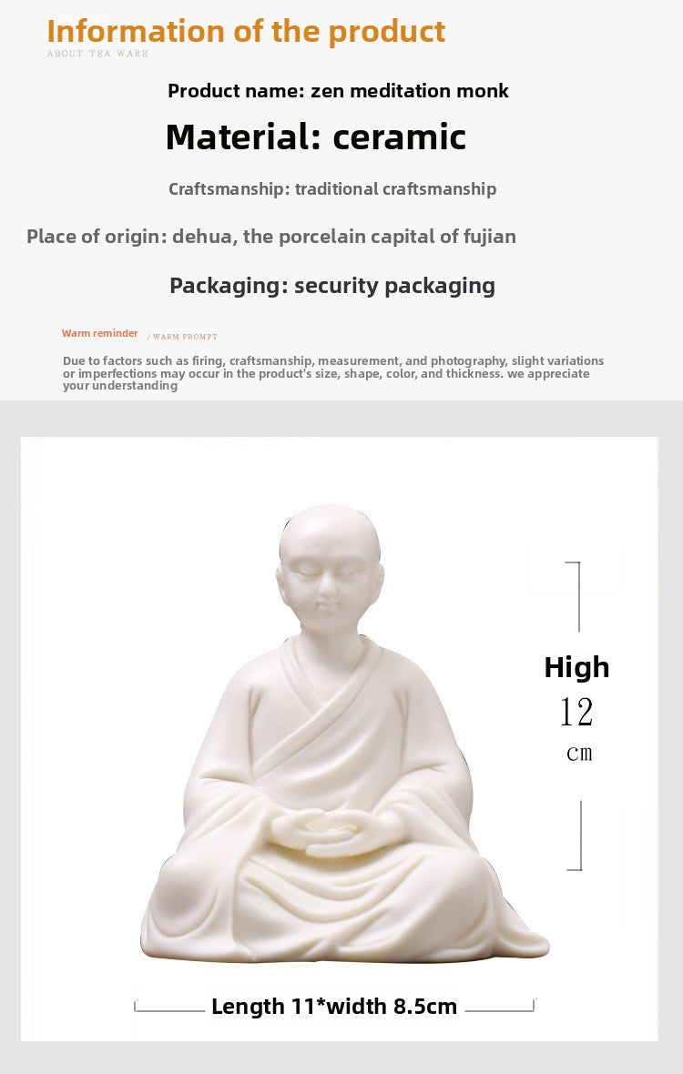 zensoullab Zen White Porcelain Little Monk Figure Chinese Style Ceramic Little Novice Creative Tea Room Home Living Room Entrance Decoration Ornament