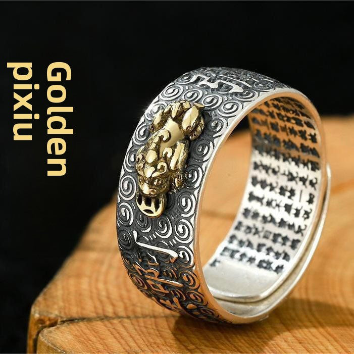 zensoullab Vintage Eight Guardian Deities Ring for Men Heart Sutra Zodiac Year Open Ring Imitation Thai Silver Six-Word Mantra Men's Ring