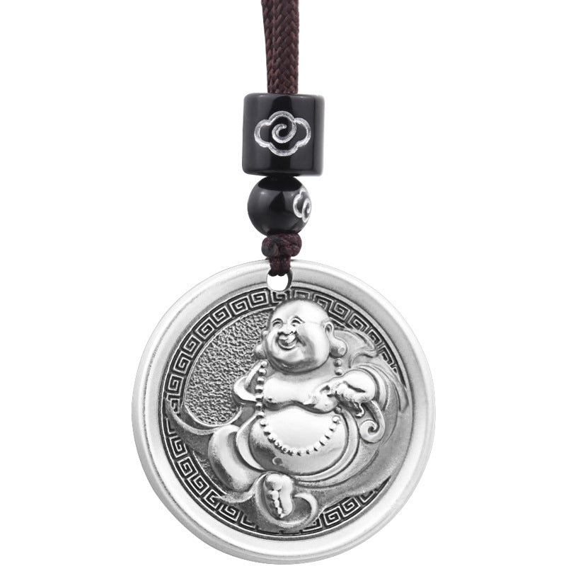 zensoullab Vintage Maitreya Buddha Pendant Thai Silver Solid Vintage Unisex Round Pendant Auspicious Big Belly Buddha Male Small Buddha Pendant