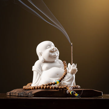 zensoullab Creative New Chinese Style Ceramic Maitreya Buddha Statue Desktop Ornament Home Incense Holder Incense Burner Incense Tray