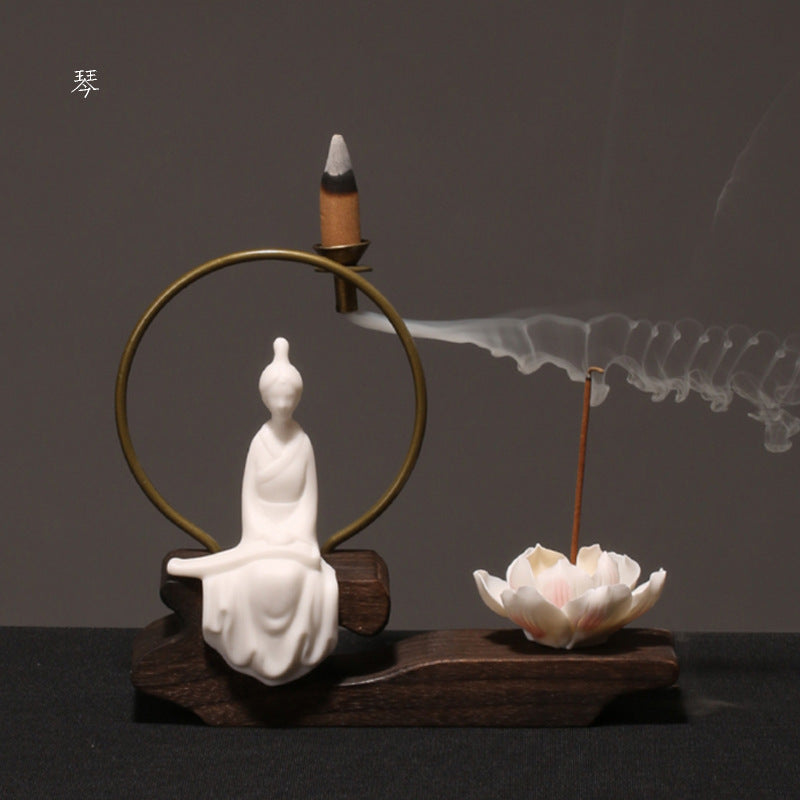 zensoullab Creative Chinese Ceramic Ornament Phaseless Buddha Statue Home Backflow Incense Burner Sandalwood Aromatherapy Burner Incense Holder Incense Device Wooden Incense Stand