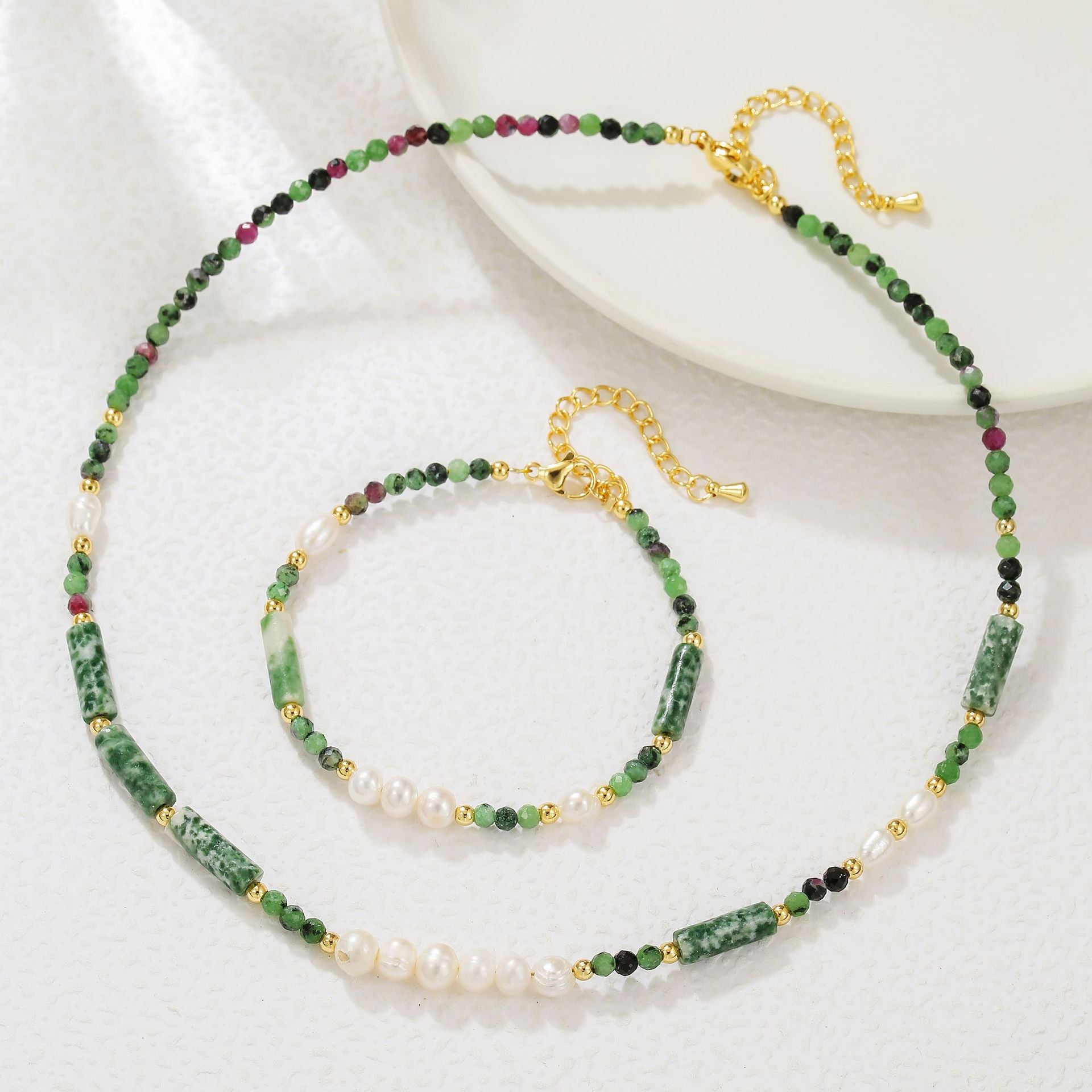 zensoullab Freshwater Pearl Natural Stone Bead Necklace Bracelet Melad Green Dot Stone Sweater Chain High-end