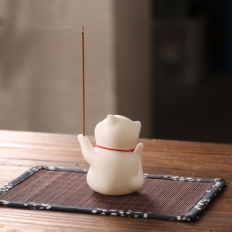 Zensoullab Creative Cute Lucky Cat Ceramic Decoration Cute Cat Tea Ornaments Pen Holder Home Indoor Sandalwood Incense Stick Holder Incense Ceremony Incense Holder