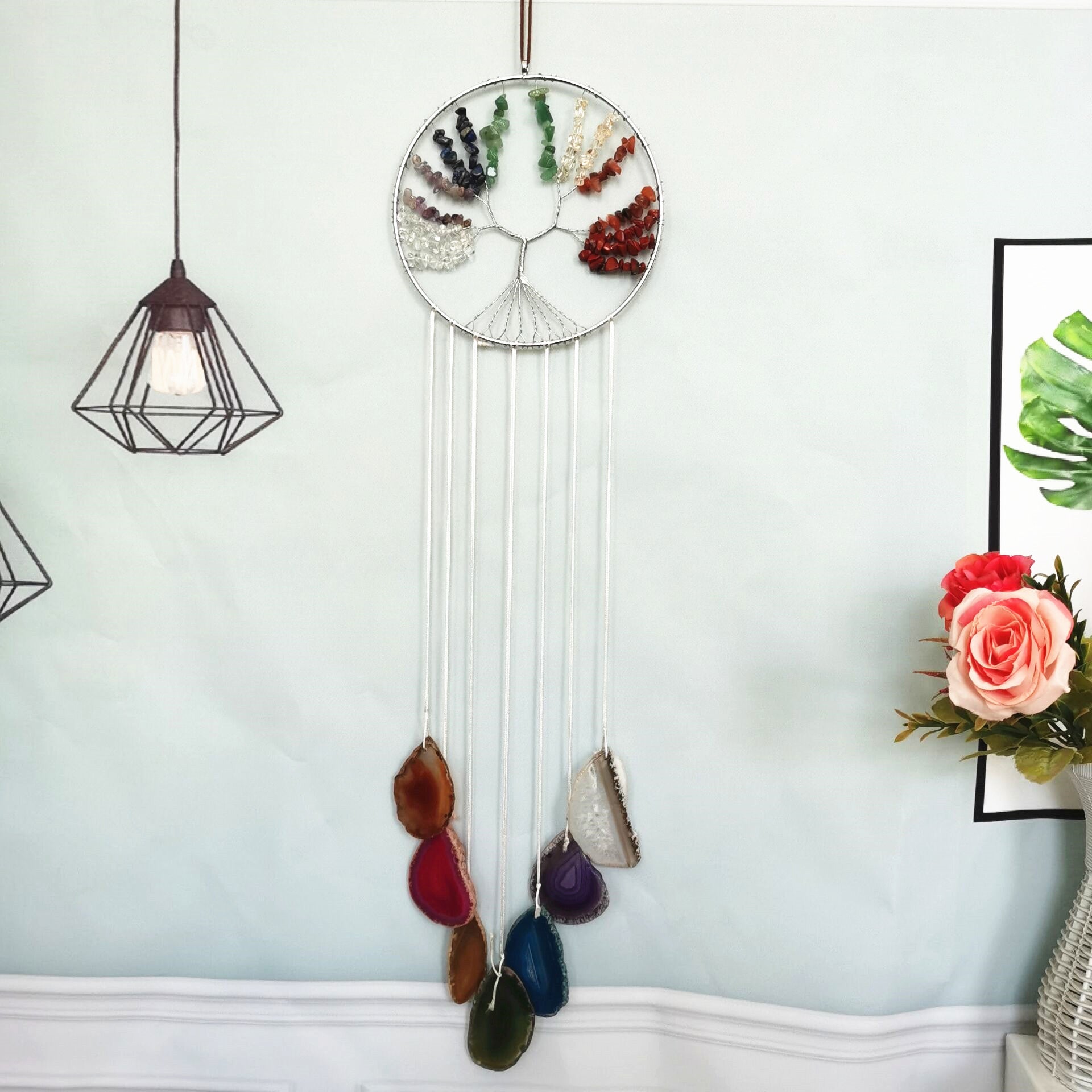 zensoullab Handmade Wrapped Natural Crushed Stone Tree of Life Agate Slice Hanging Ornament Garden Decoration Curtain Pendant