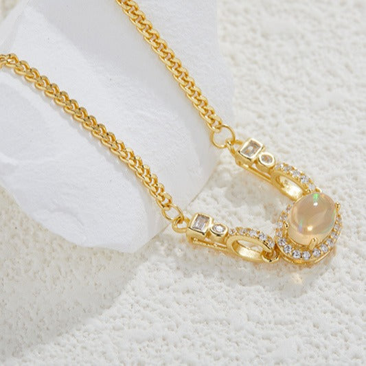 zensoullabs 925 Sterling Silver Inlaid Natural Opal Cabochon Pendant for Women Vintage Light Luxury Palace Style Necklace Accessory