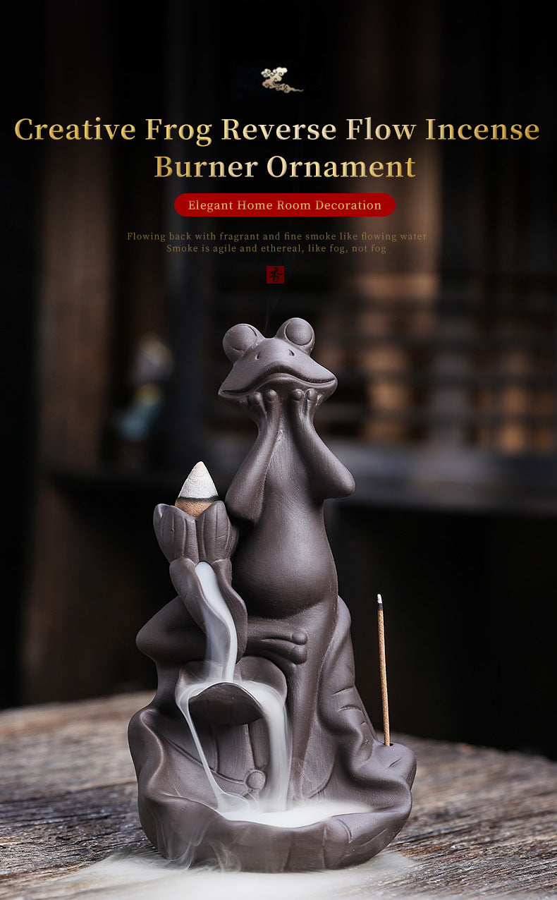 zensoullab Purple Clay Lotus Leaf Backflow Incense Burner Craft Ornament Creative Frog Lotus Backflow Incense Burner Home Decor