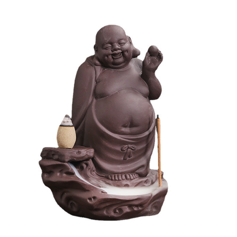 zensoullab New Purple Clay High Mountain Water Flow Backflow Waterfall Incense Burner Creative Maitreya Buddha Sandalwood Backflow Incense Burner Ornament
