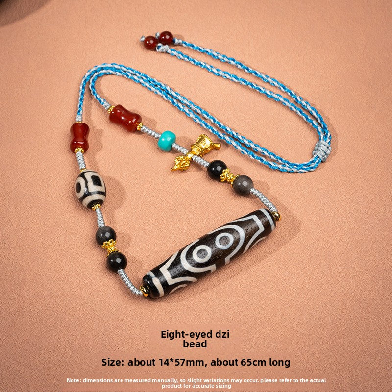 zensoullab Natural Yellow Nine-Eye Dzi Bead Necklace Taiwan Work Agate Pendant Unisex Couple Style Braided Necklace In Stock
