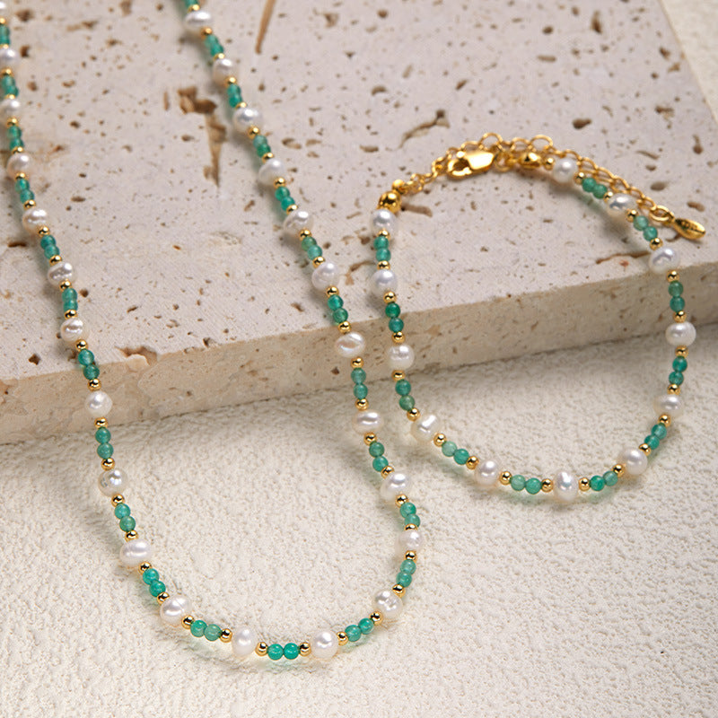 Zensoullab925 Sterling Silver Natural Pearl Green Chalcedony Colored Gems Necklace Women's High-Grade Sweet Personality Handmade Beaded