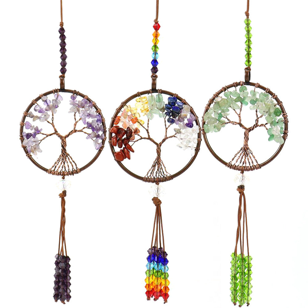 zensoullab Natural Crushed Stone Colorful Stone Tree of Life Car Hanging Handmade Crystal Tassel Wall Hanging