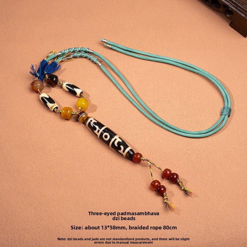 zensoullab Natural Yellow Nine-Eye Dzi Bead Necklace Taiwan Work Agate Pendant Unisex Couple Style Braided Necklace In Stock