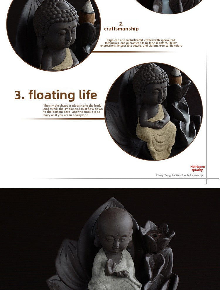 zensoullab Gift Ceramic Little Monk Retro Backflow Incense Burner Home Aromatherapy Burner Feng Shui Ornament Creative Guanyin Buddha Statue