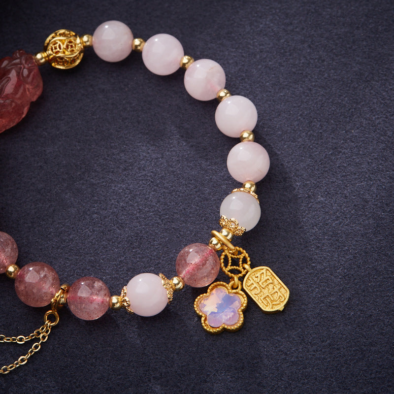 zensoullab Natural Strawberry Crystal Pink Crystal Double Bracelet for Women Strawberry Crystal Pixiu Wealth Flower Good Luck Crystal Bracelet
