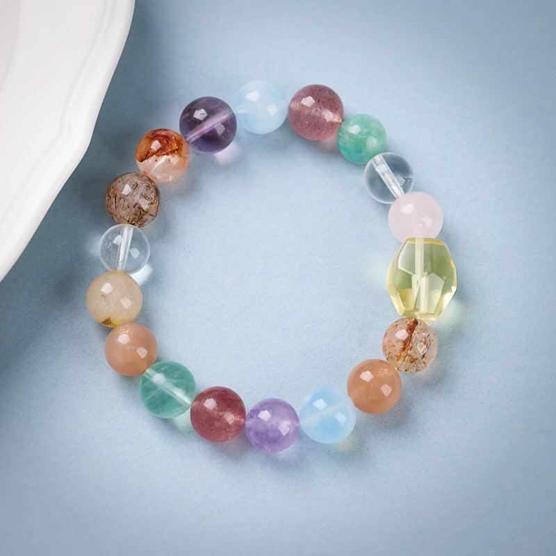 zensoullab Natural 10MM Rainbow Multi-Gemstone Crystal Bracelet Yellow Crystal Red Agate Flower Aquamarine High-End Crystal Bracelet