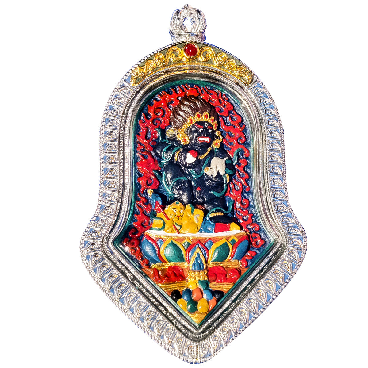 zensoullab Rubbing Thangka Hand-painted 3D Black God of Wealth Tibetan Painted Buddha Small Thangka Buddha Amulet Tibetan Silver Pendant Necklace for Men and Women