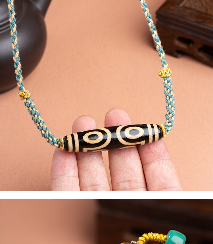 zensoullab Natural Yellow Nine-Eye Dzi Bead Necklace Taiwan Work Agate Pendant Unisex Couple Style Braided Necklace