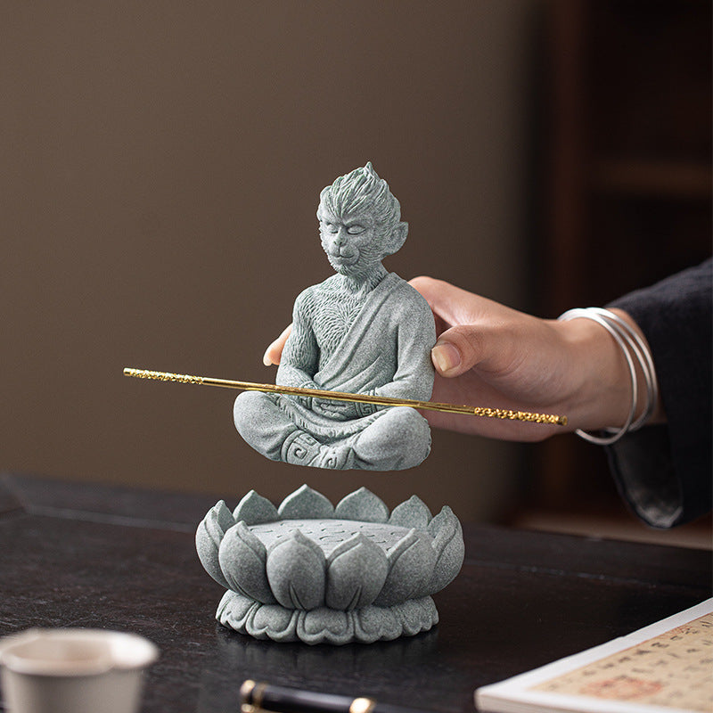 zensoullab Zen Style Chinese Green Sandstone Zen Sitting Monkey King Desktop Ornament Creative Living Room Fish Tank Landscaping Decoration