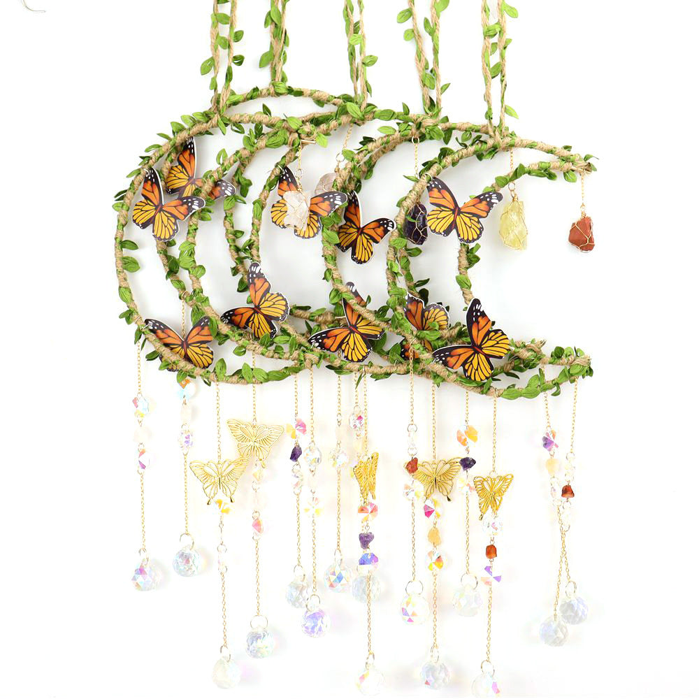zensoullab Sun Catcher Hemp Rope Wrapped Leaf Butterfly Large 16cm Moon Gravel Crystal Ball Decoration Pendant