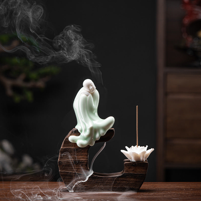 zensoullab Creative Backflow Incense Burner Home Aromatherapy Burner Ceramic Ornament Sandalwood Incense Holder Guanyin Buddha Statue Zen Living Room Decoration