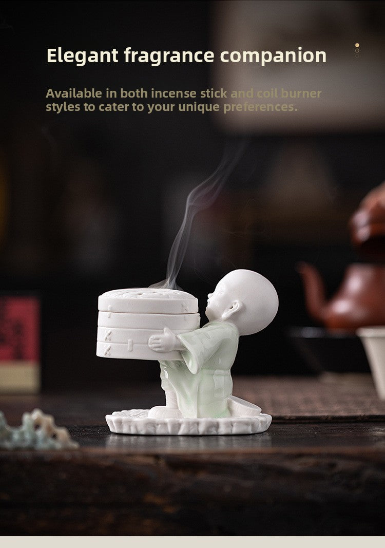 zensoullab Ceramic Little Monk Incense Burner Coil Incense Stick Home Indoor Sandalwood Incense Burner Tea Ceremony Aromatherapy Burner Incense Box Ornament