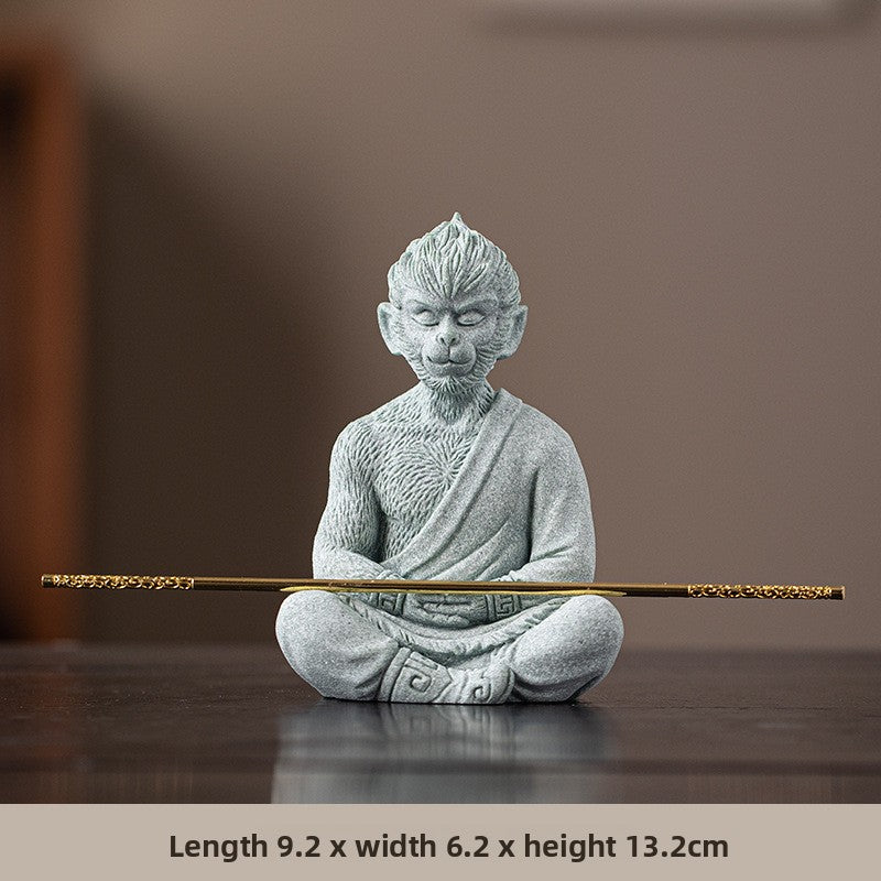 zensoullab Zen Style Chinese Green Sandstone Zen Sitting Monkey King Desktop Ornament Creative Living Room Fish Tank Landscaping Decoration
