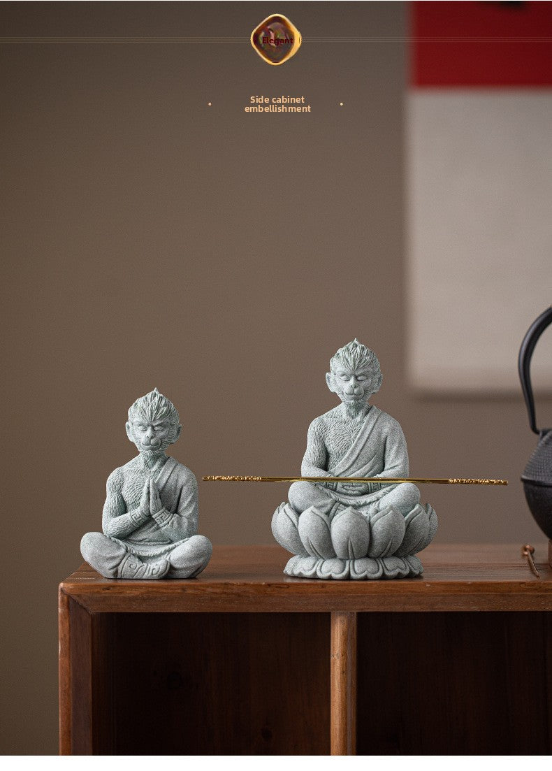 zensoullab Zen Style Chinese Green Sandstone Zen Sitting Monkey King Desktop Ornament Creative Living Room Fish Tank Landscaping Decoration