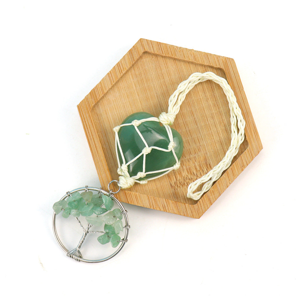 zensoullab Natural Crystal Heart-shaped Woven Net Bag Tree of Life Pendant Car Hanging Bag Accessories