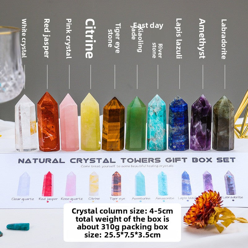 zensoullab Natural Crystal Agate Jade Hexagonal Single Pointed Column Set Box Seven Colors Demagnetization Yoga Ore Gemstone Set