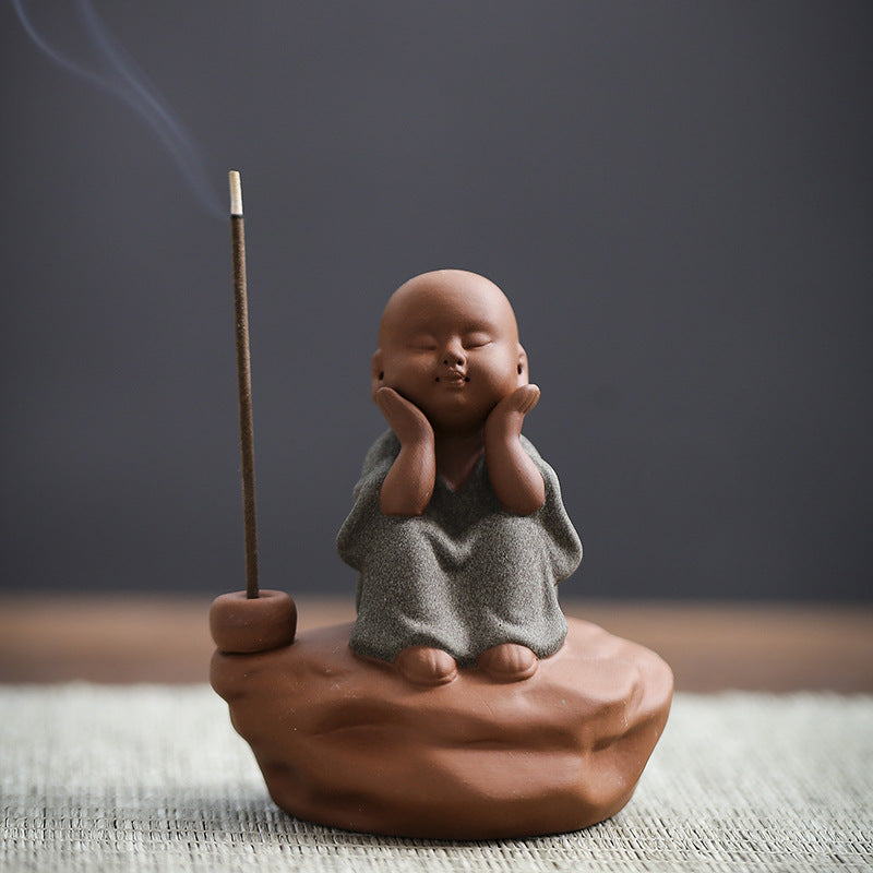 zensoullab Zen Purple Clay Little Monk Incense Holder Ornament for Home Indoor Living Room Tea Tray Incense Ceremony Sandalwood Stand Incense Tray Incense Burner