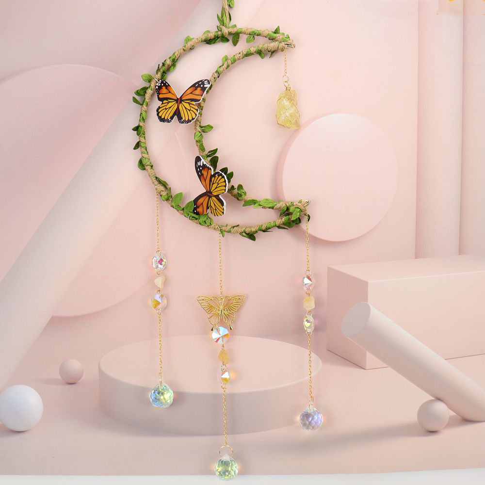 zensoullab Sun Catcher Hemp Rope Wrapped Leaf Butterfly Large 16cm Moon Gravel Crystal Ball Decoration Pendant