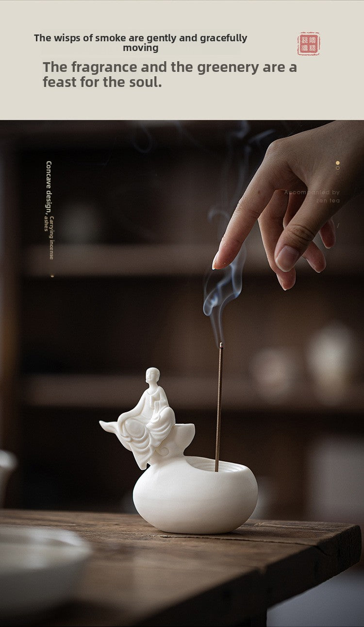 zensoullab Premium White Porcelain Incense Burner Little Monk Incense Holder Home Indoor Zen Style Formless Buddha Ornament Sandalwood Agarwood Aromatherapy Burner