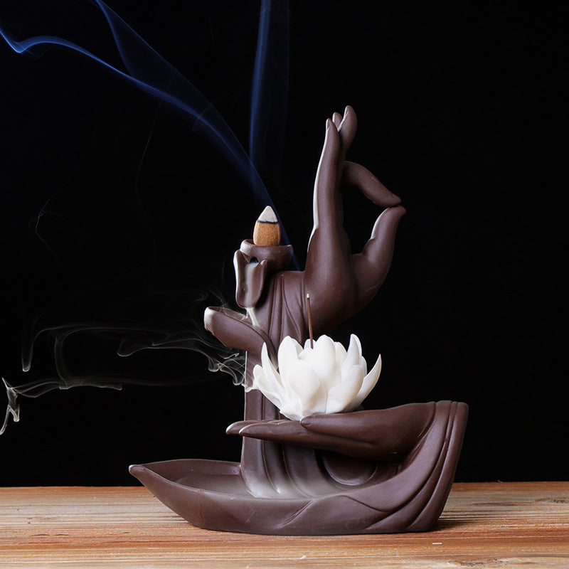 zensoullab Creative Backflow Incense Burner Home Purple Clay Flow Incense Burner Indoor Ornament Ceramic Buddha Hand Incense Burner Home Decor