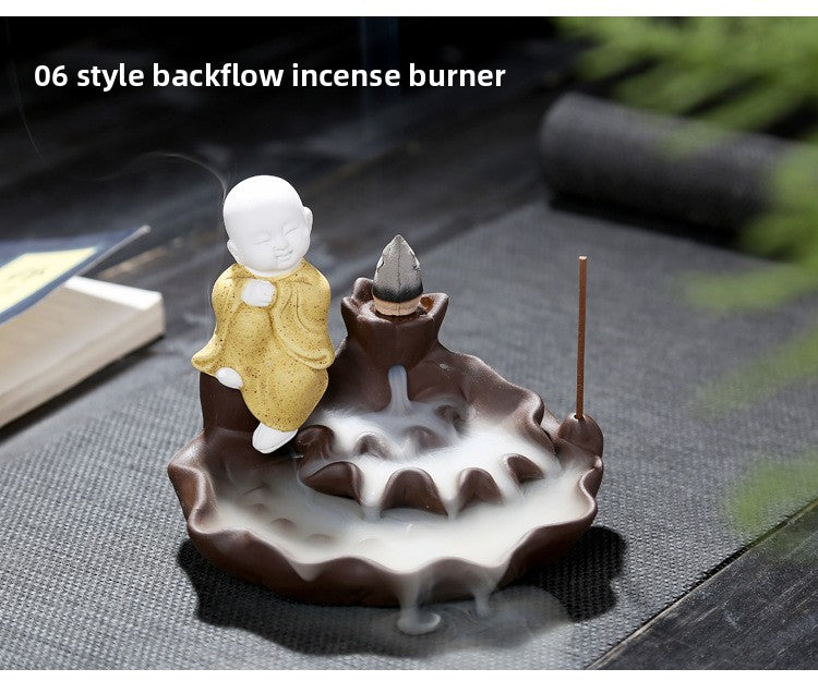 zensoullab Creative Simple Ceramic Little Monk Backflow Incense Burner Purple Clay Zen Incense Burner Incense Holder Home Tea Ceremony Home Decor