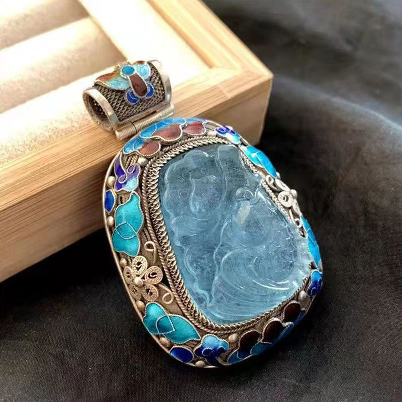 zensoullab Prosperous Year After Year Filigree Inlaid High-end Aquamarine Pendant for Women Handmade Vintage Court Style Retro Trend