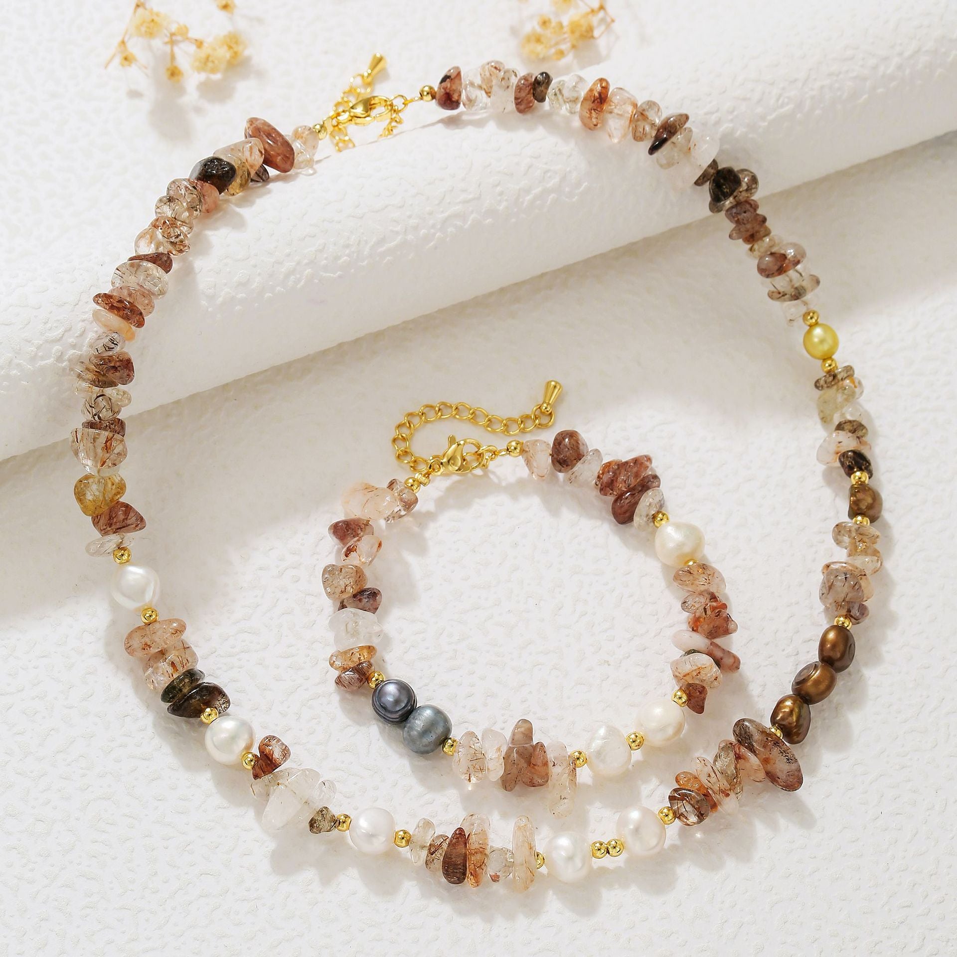 zensoullab Freshwater Pearl Natural Stone Bead Necklace Bracelet Melad Gold Rutilated Quartz Sweater Chain High-end