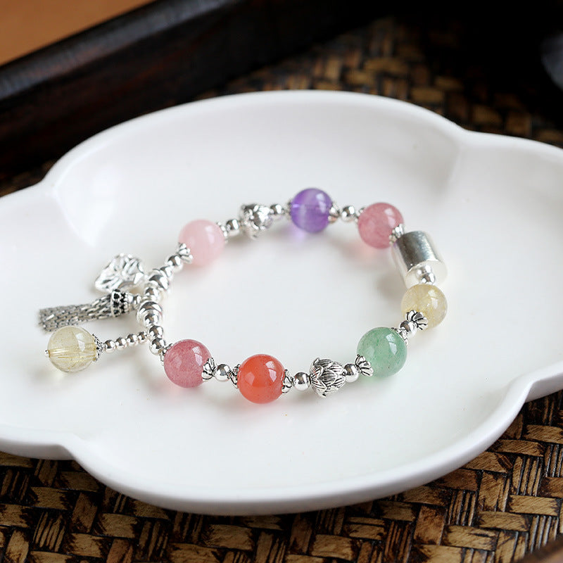 zensoullab Natural Multi-Gemstone Crystal Bracelet S925 Silver Lotus Tassel Bracelet Crystal Beaded Bracelet