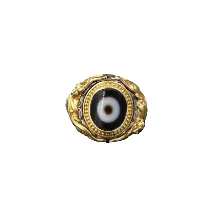 zensoullab Tibetan Broken Bead One-Eye Dzi Bead Ring Tibetan Style Handmade Inlaid Elegant Ethnic Retro Unisex Open Ring