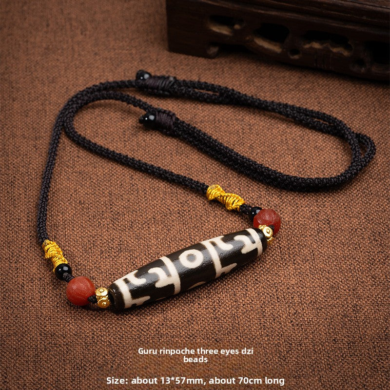 zensoullab Natural Tibetan Guru Rinpoche Three-Eyed Dzi Bead Necklace Agate Pendant Unisex Braided Necklace In Stock