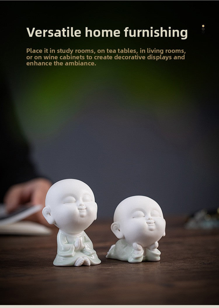Zensoullab Cute Ceramic Monk Decoration Zen Decoration Fish Tank Landscape Celadon Samanera Tea Ornaments Tea Set Table-Top Decoration