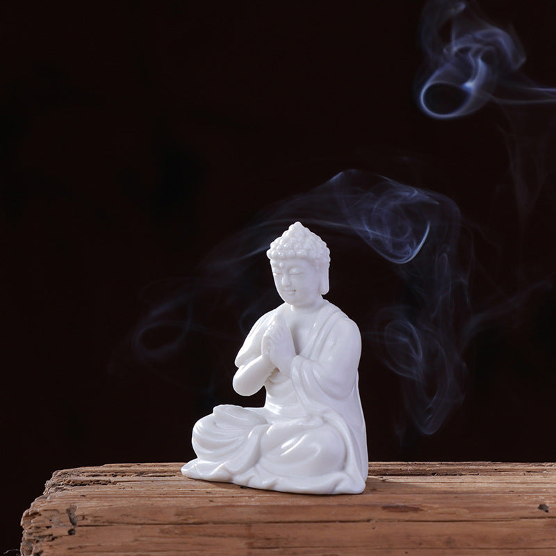 zensoullab Premium Handmade Ceramic Figure Bonsai Fish Tank Decoration White Porcelain Tathagata Little Monk Chinese Style Mini Small Ornament
