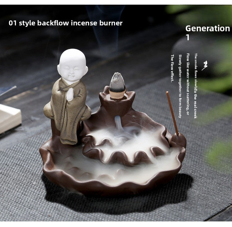 zensoullab Creative Simple Ceramic Little Monk Backflow Incense Burner Purple Clay Zen Incense Burner Incense Holder Home Tea Ceremony Home Decor